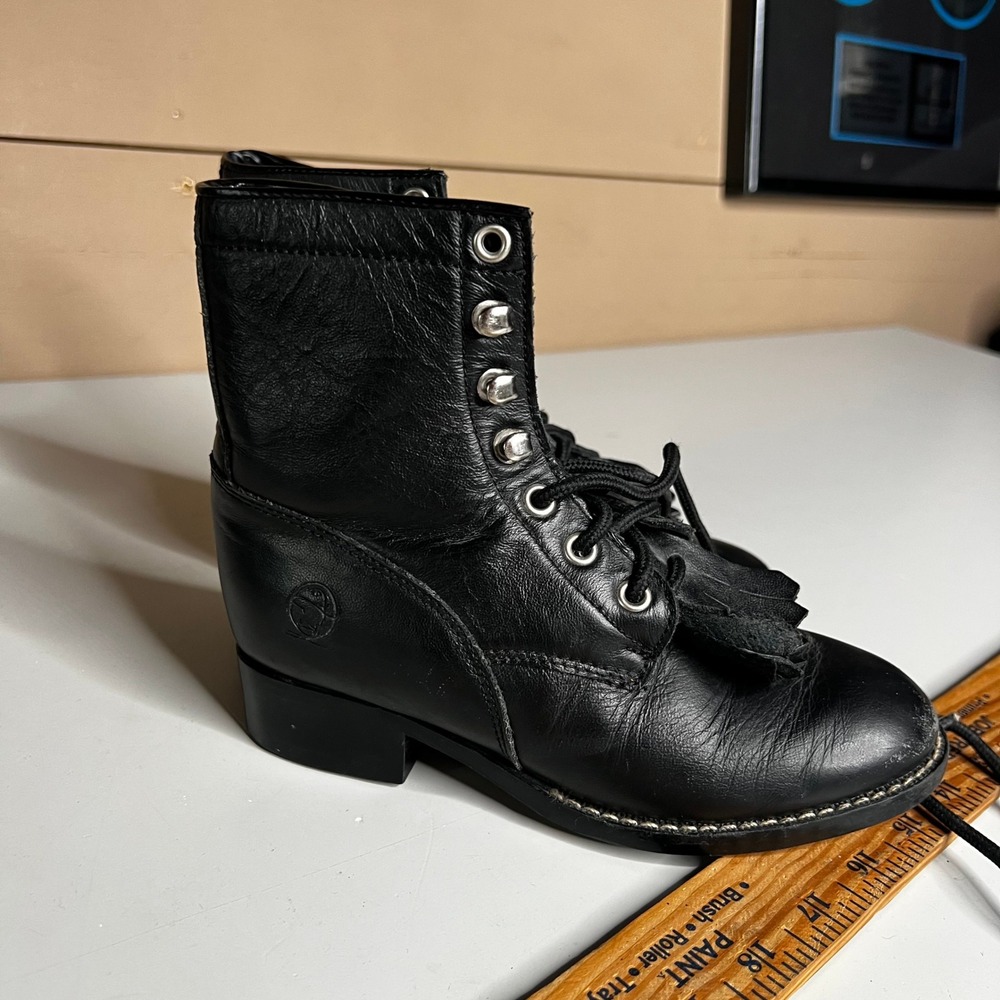 Durango Kids Black Leather Lace Up Packer Western Boots BT240 Size 12